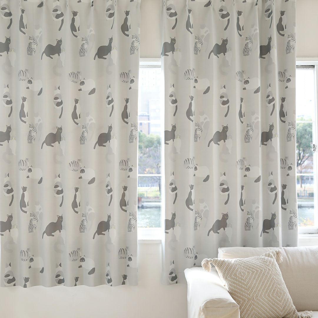 ネコノアツマリ】 選べる2色 遮光2級 洗濯可 猫柄 ドレープカーテン